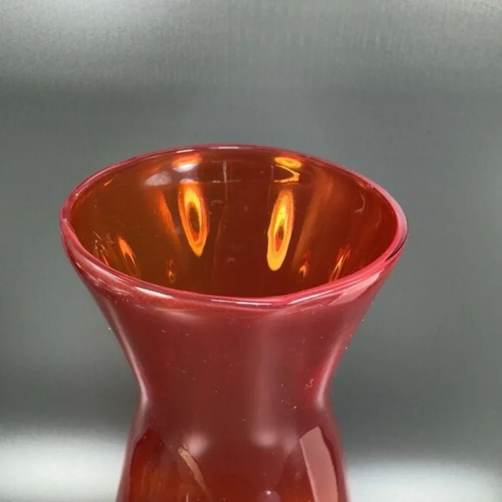 Vintage 1980s Japanese Art Glass Vase Vessel Orange With Clear Swirl Stem Bottom